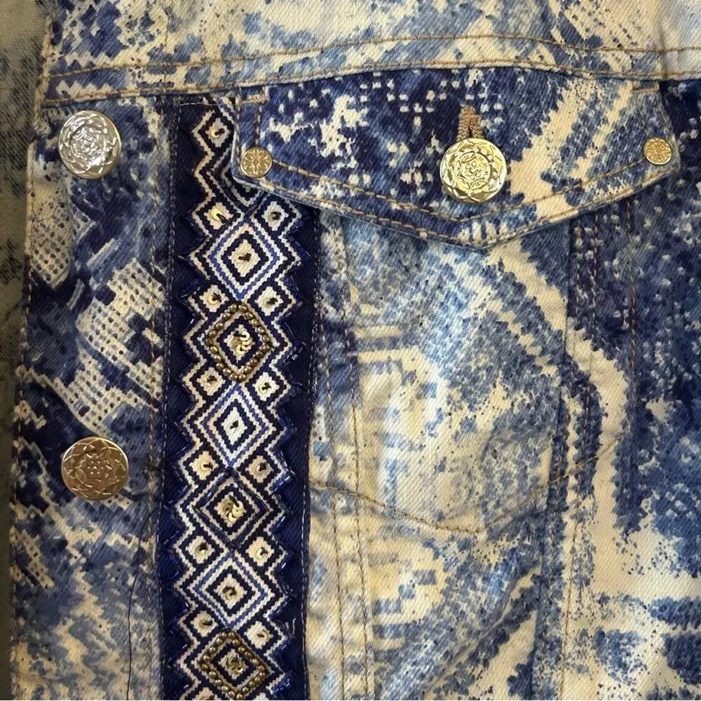 Chicos Mixed Artisan Pattern Beaded Cropped Blue and White Jean Jacket Medium